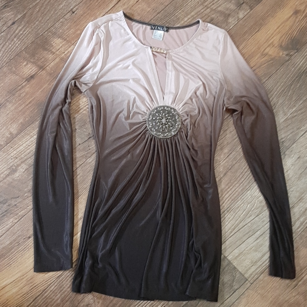Venus Embellished Ombre V-Neck Long Sleeve Top Classy XS